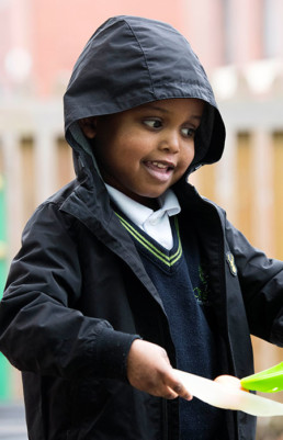 Boy wearing raincoat